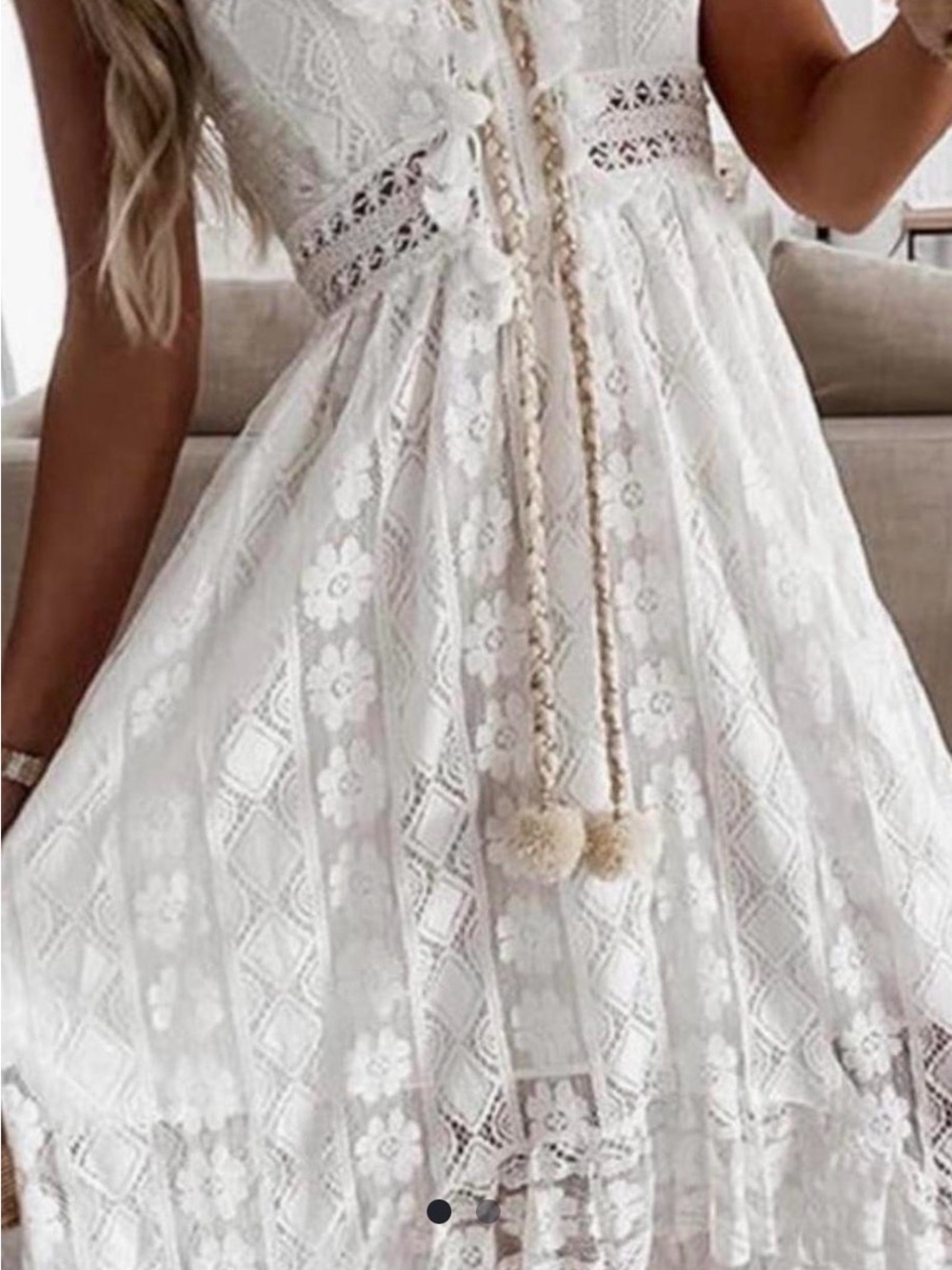 Cupshe Ivory Lace Midi Dress with Pom-Pom Ties